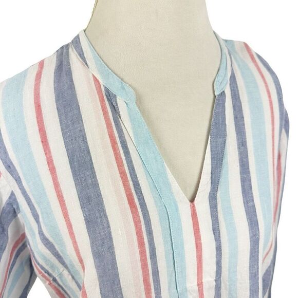 LL Bean 100% Linen Red White Blue Tunic Top Notch V-Neck L/S Popover Size XL - Picture 6 of 10